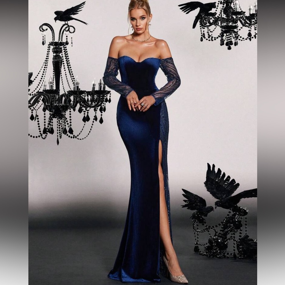 Elegant Velour Navy Blue Off-Shoulder High Slit Gown